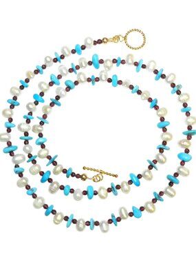 CF127 "First Kiss" Sleeping Beauty Turquoise, Pearl, Garnet & Gold 30" Necklace